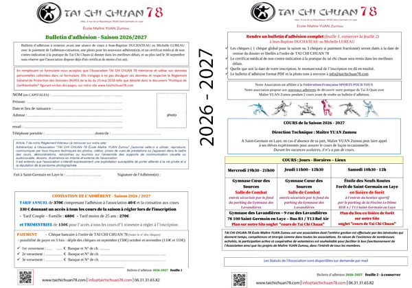 Inscription aux cours de Tai Chi Chuan a saint germain en laye 78100