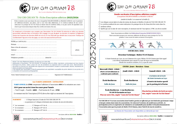 Inscription aux cours de Tai Chi Chuan a saint germain en laye 78100